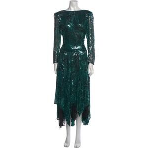 VTG Black Tie Teal Sequin Long Sleeve Silk Midi Dress NYE party 8
